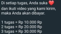 Salah satu bentuk reward yang disampaikan pelaku saat mengundang korban pada grup 'bisnis.' Foto/Istimewa