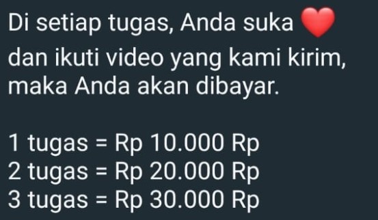 Salah satu bentuk reward yang disampaikan pelaku saat mengundang korban pada grup 'bisnis.' Foto/Istimewa