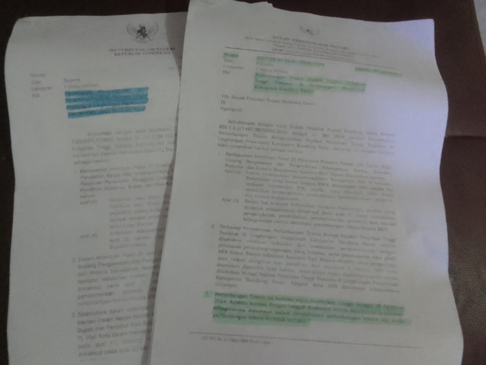 Surat dari Badan Kepegawaian Negara dan Kementerian Dalam Negeri RI. Foto/Istimewa